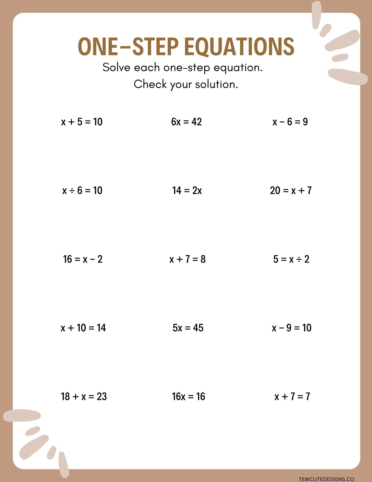 One Step Equations Worksheets