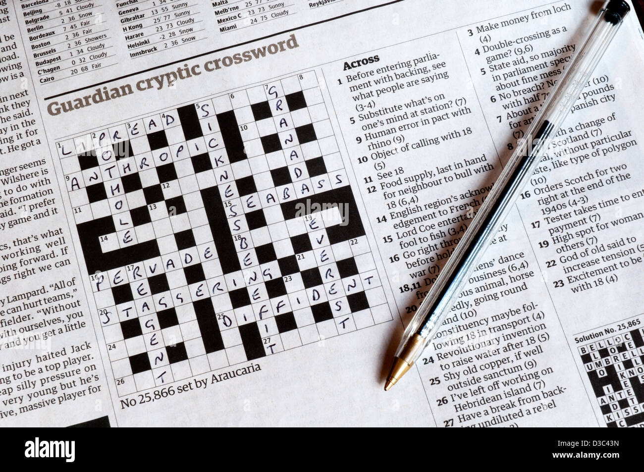 Part Completed Guardian Cryptic Crossword Set By Araucaria John Graham See D3C42E For Blank Version Of Puzzle Stock Photo Alamy