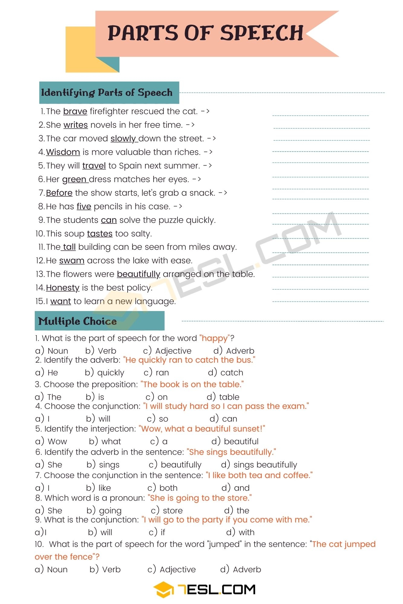 Parts Of Speech Worksheet Parts Of Speech Exercises 7ESL