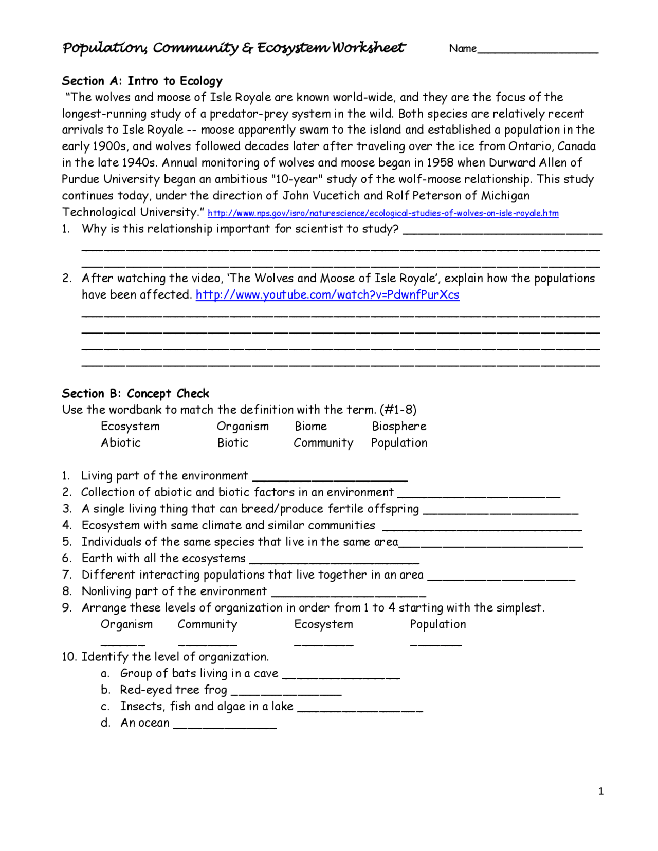 Population Community Ecosystem Worksheet Exercises Ecology And Environment Docsity
