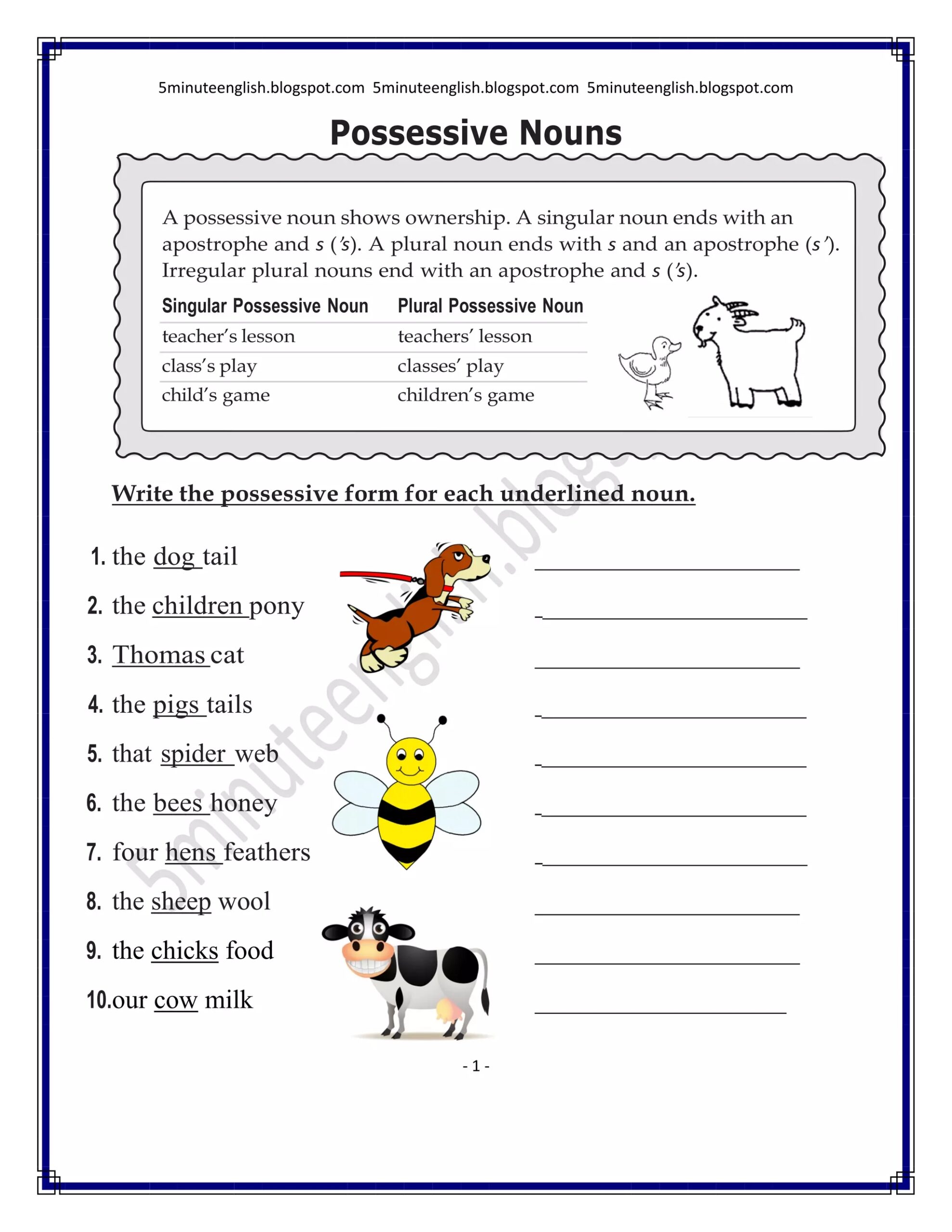 Possessive Nouns Worksheet Answers 5minuteenglish blogspot