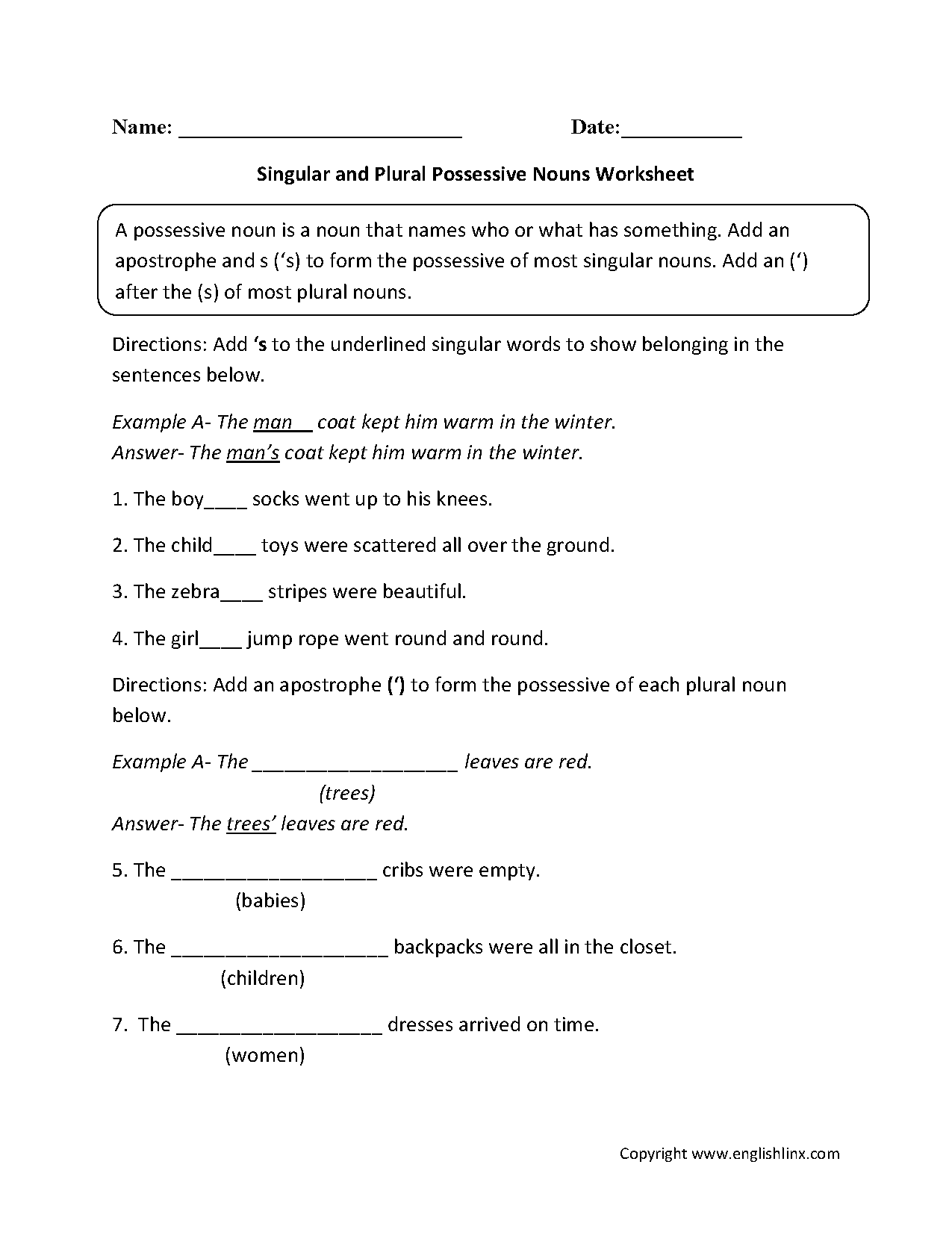 Possessive Nouns Worksheets Singular And Plural Possessive Nouns Worksheets