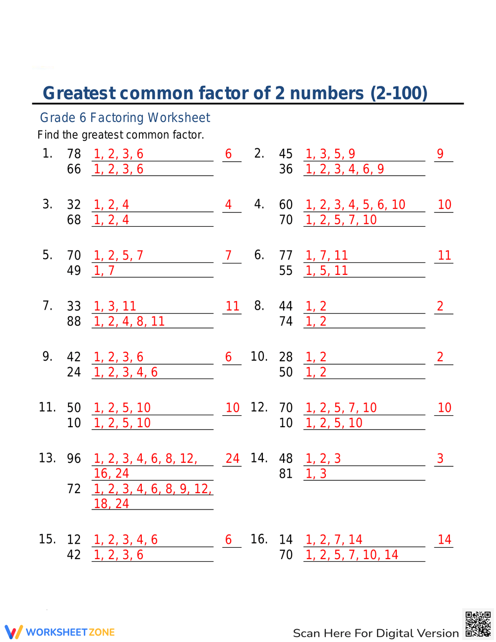 Printable Grade 5 Greatest Common Factor Worksheets