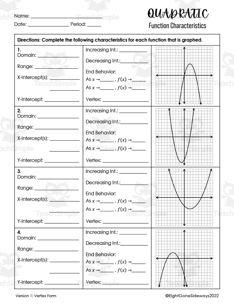 Quadratic Functions Vertex Form Worksheet