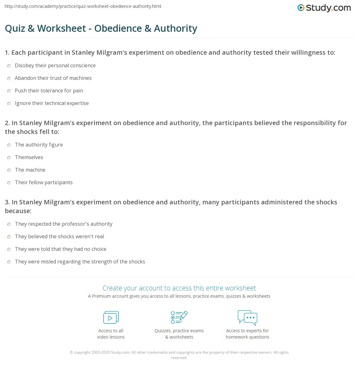 Quiz U0026 Worksheet Obedience U0026 Authority Study
