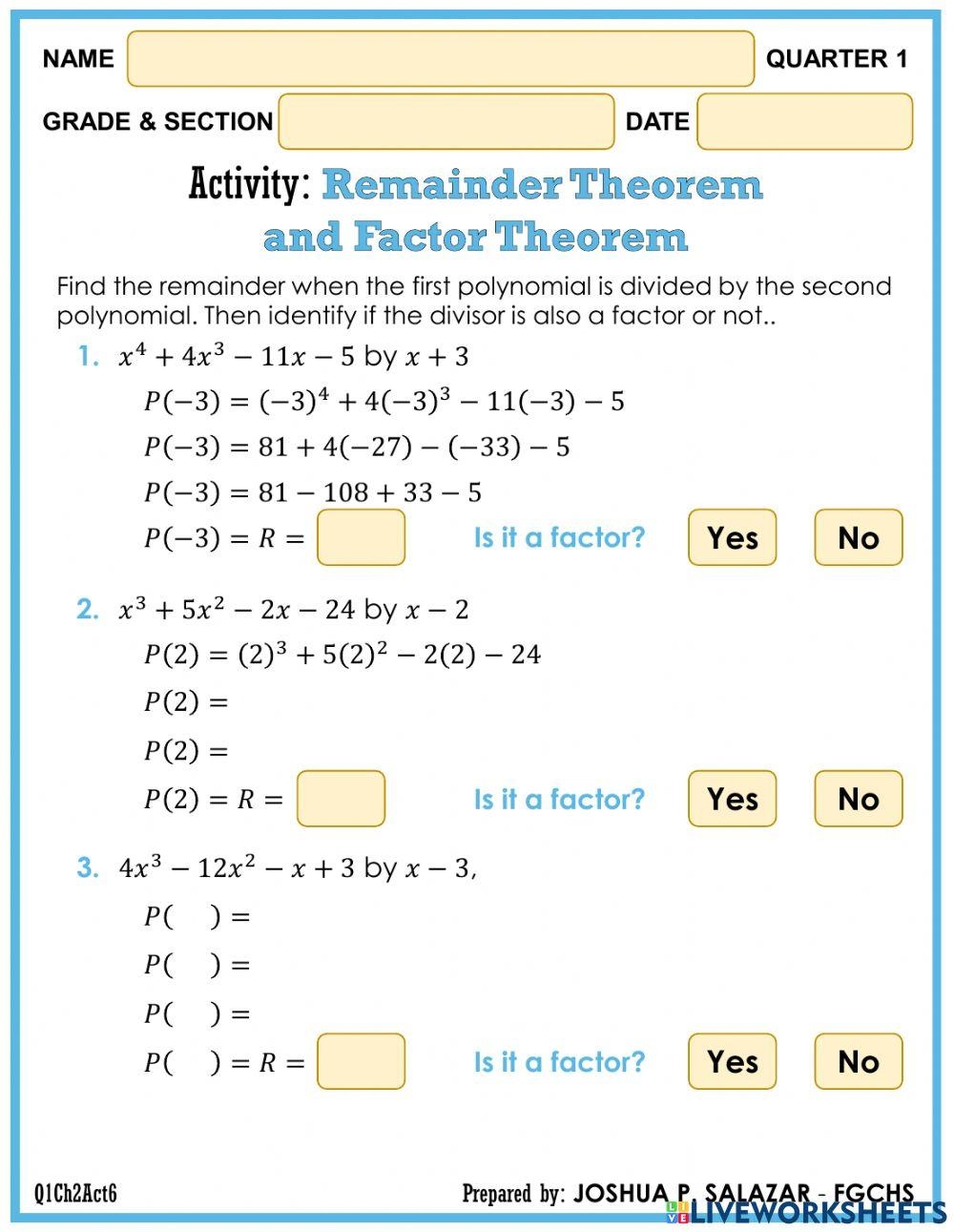 Remainder Theorem And Factor Theorem Worksheet Live Worksheets 