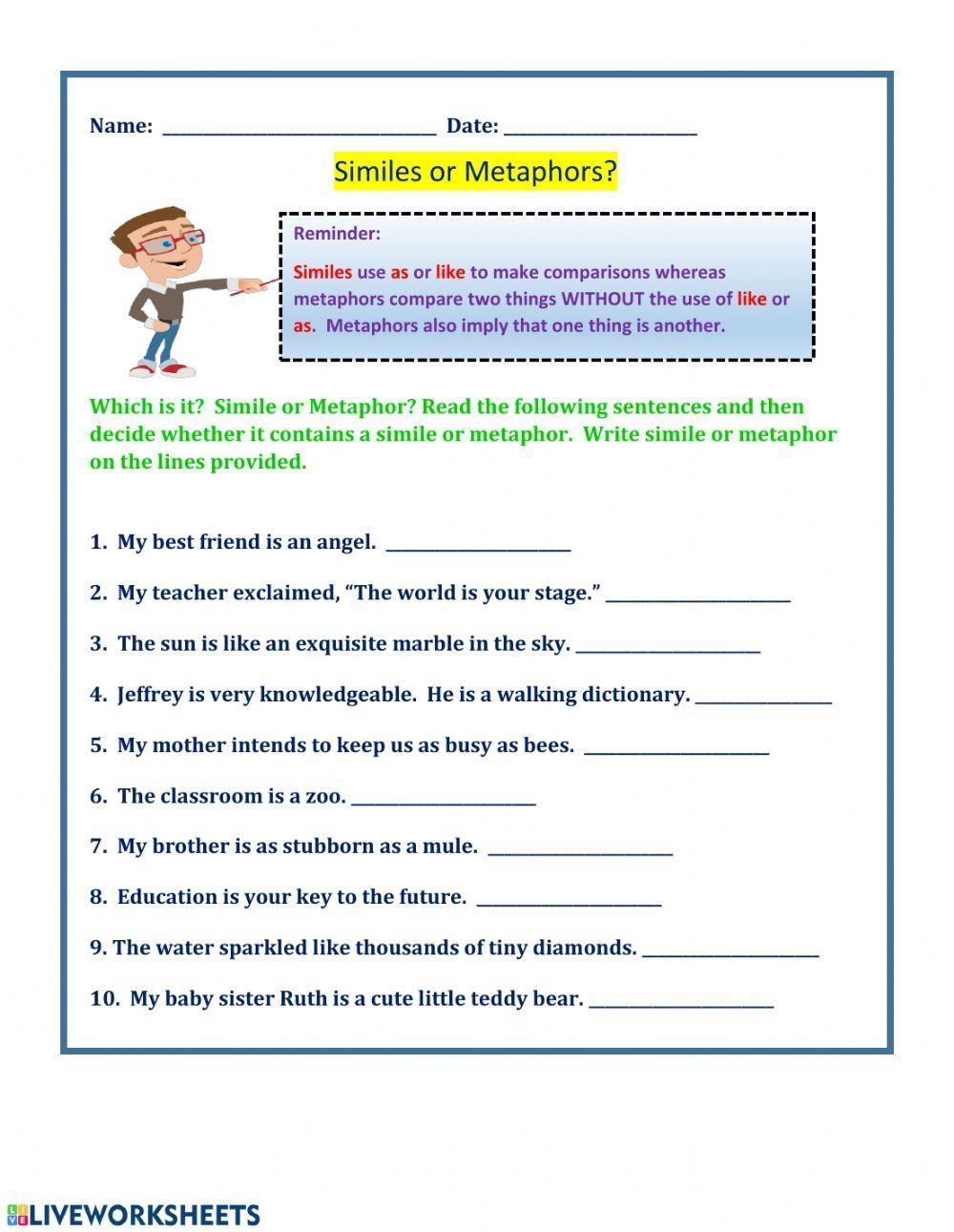 Simile Metaphor Worksheet Live Worksheets Worksheets Library