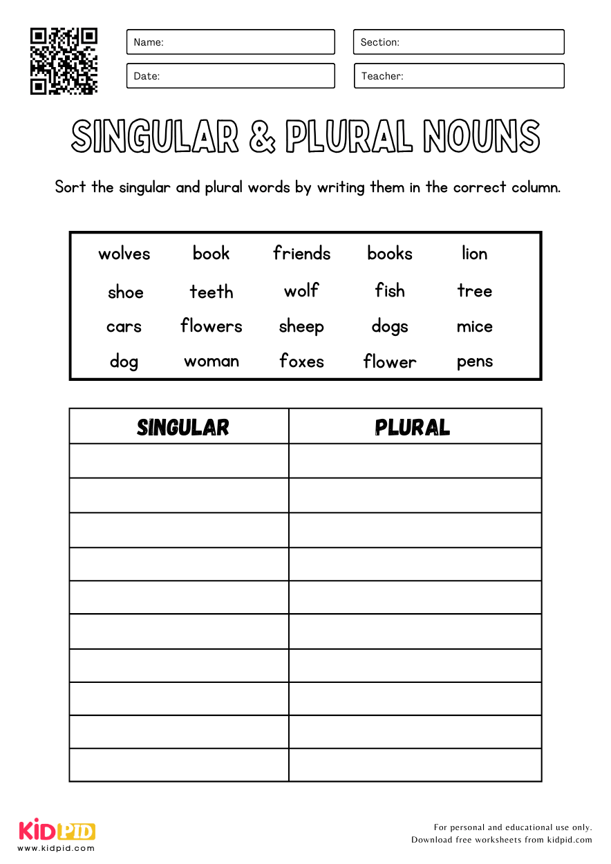 Singular U0026 Plural Nouns Sorting Worksheet Kidpid