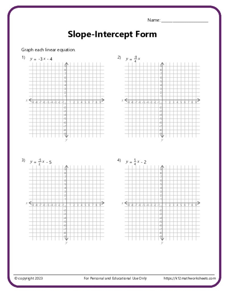 Slope Intercept Form Worksheets
