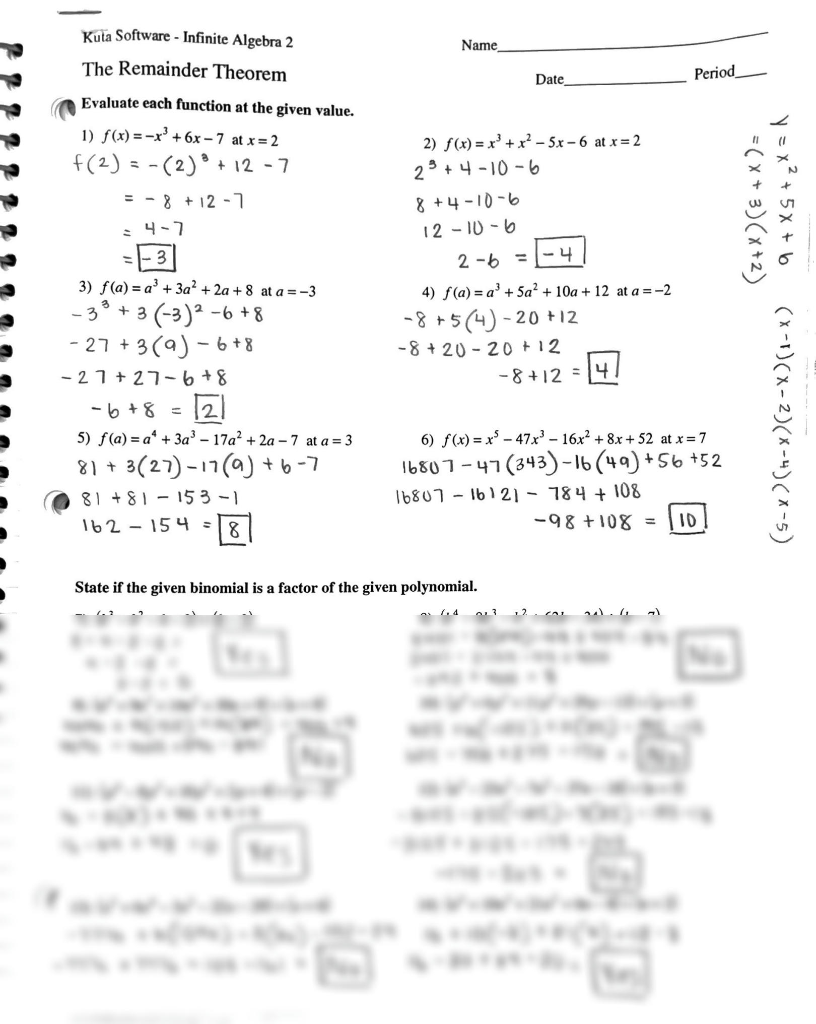 SOLUTION Kuta Software Infinite Algebra 2 The Remainder Theorem 