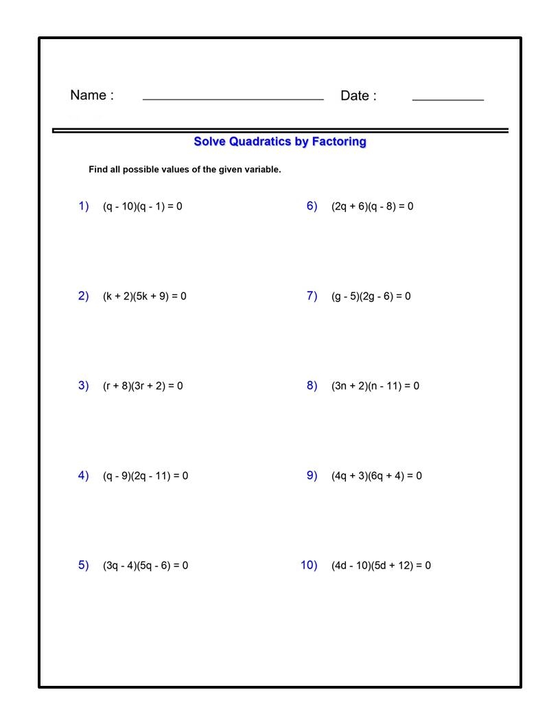 Solve By Factoring Worksheets Algebra 1 Quadratic Functions Worksheets