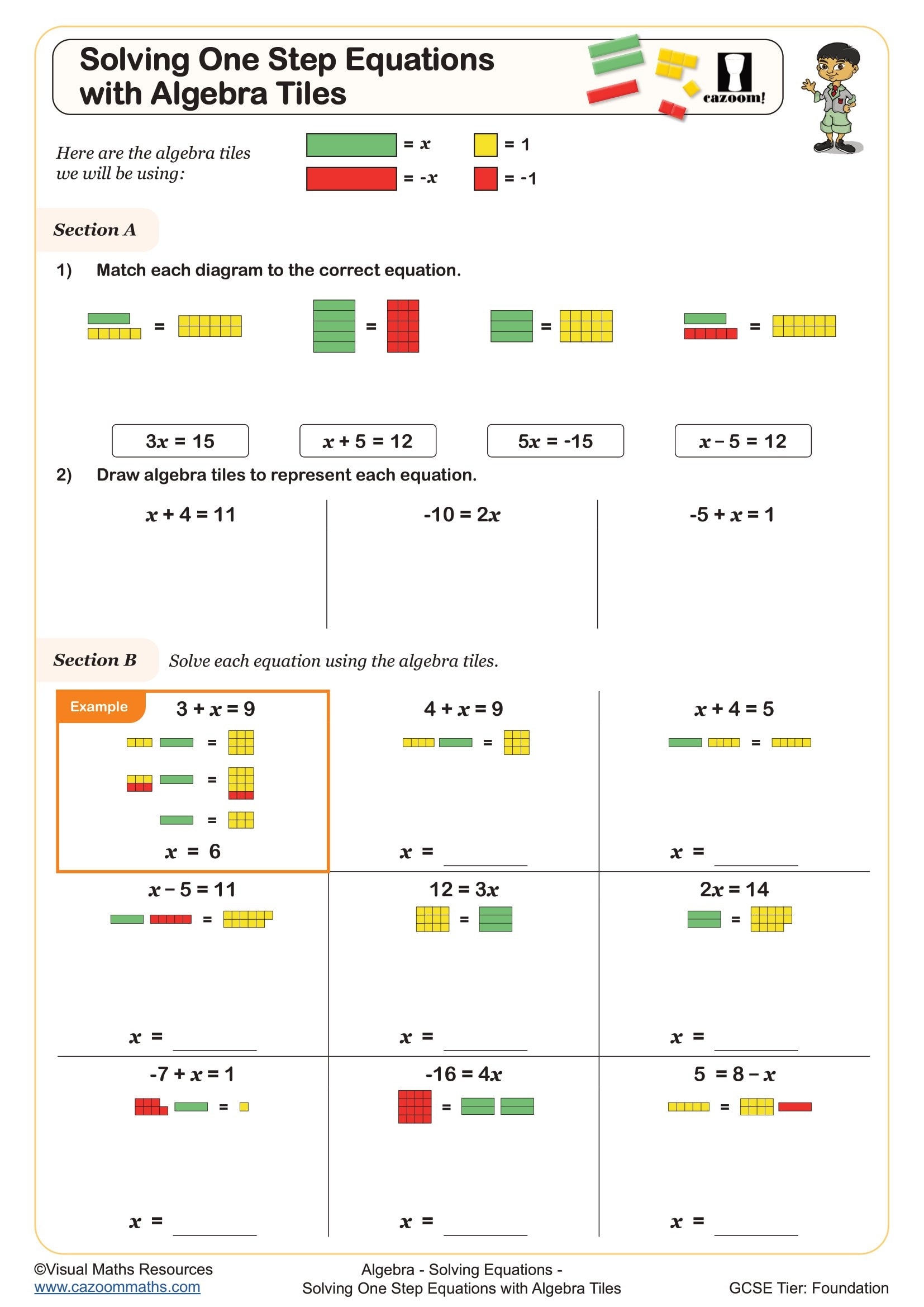 Solving One Step Equations With Algebra Tiles Worksheet Fun And Engaging Year 7 And Year 8 Algebra Worksheet