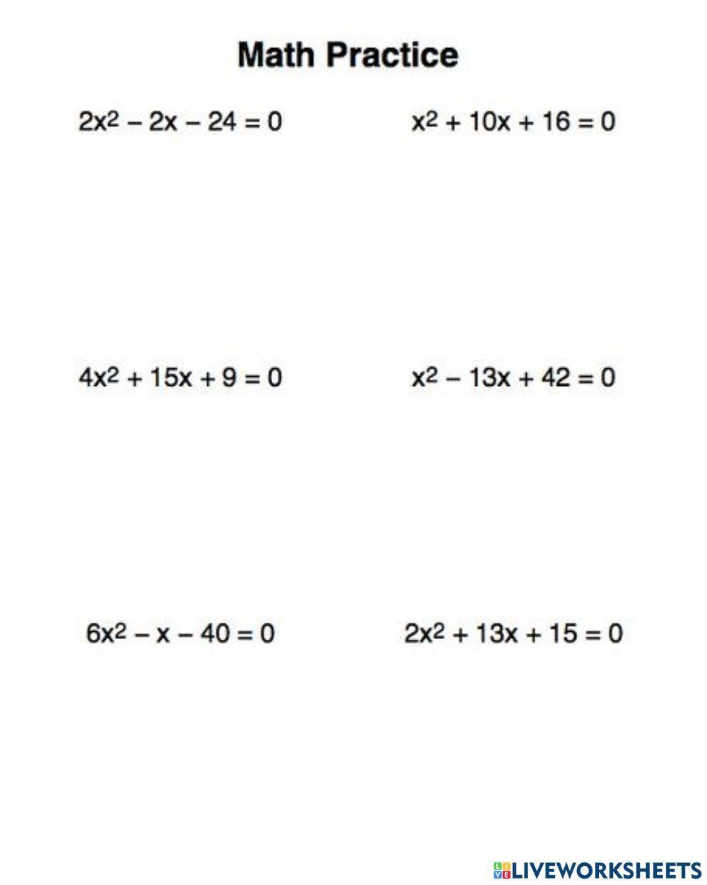 Solving Quadratic Equations By Factoring Worksheet Live Worksheets Worksheets Library
