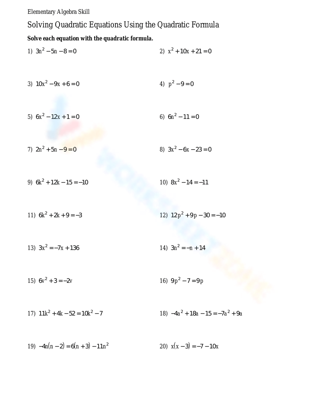 Solving Quadratic Equations Using The Quadratic Formula Worksheet Worksheets Library