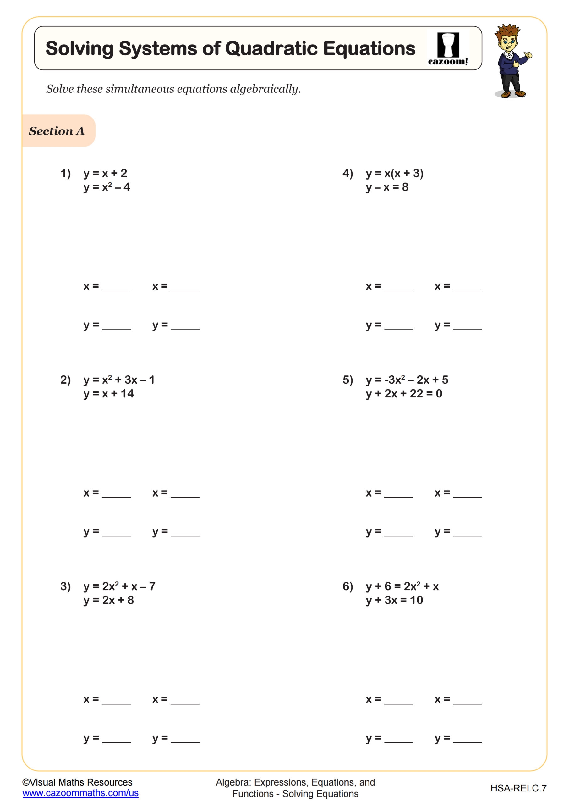Solving Systems Of Quadratic Equations Worksheet Algebra II PDF Worksheets Cazoom Math