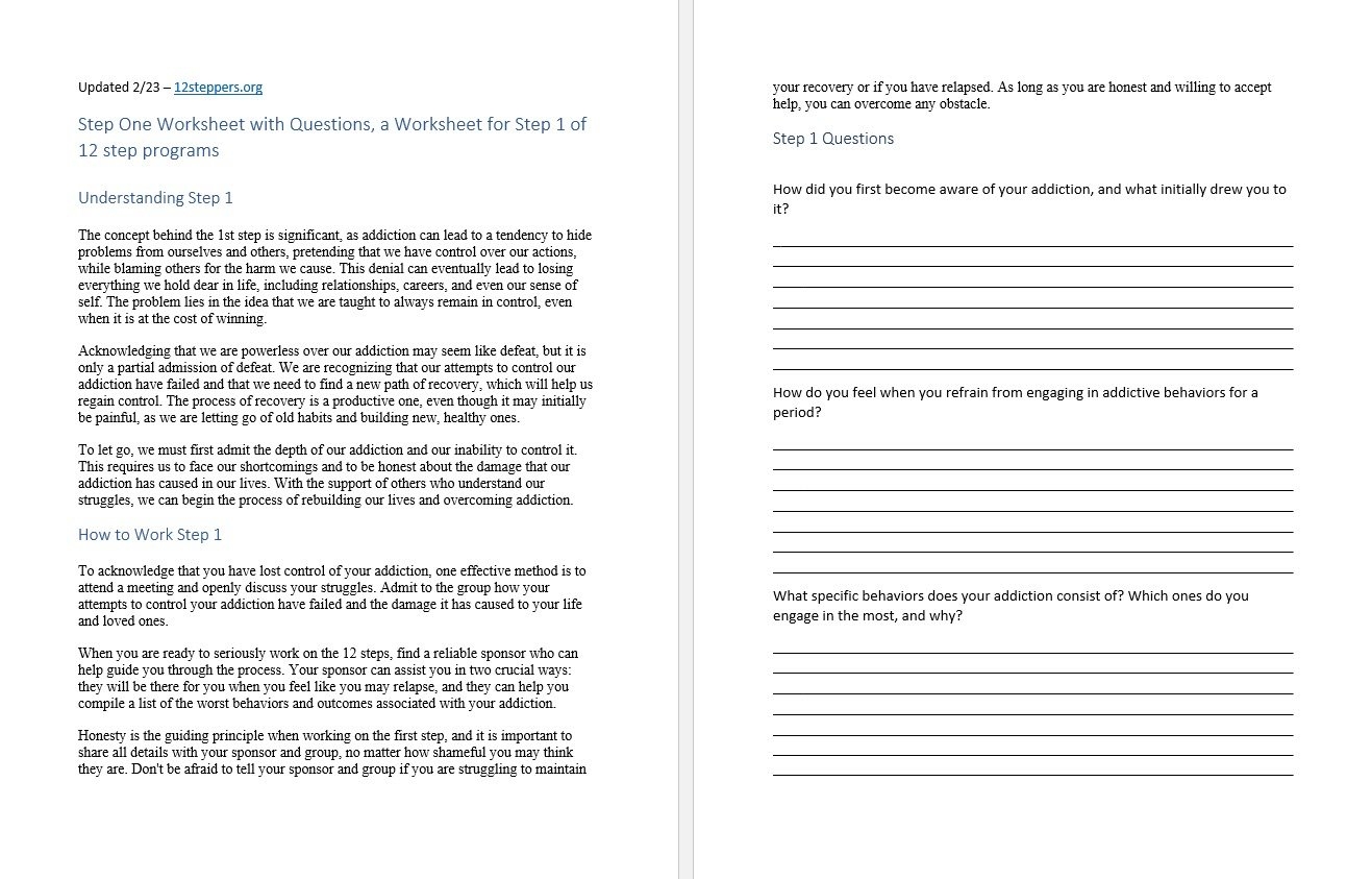 Step 1 Worksheet With Questions Free PDF Download U0026 Print 12 Steppers