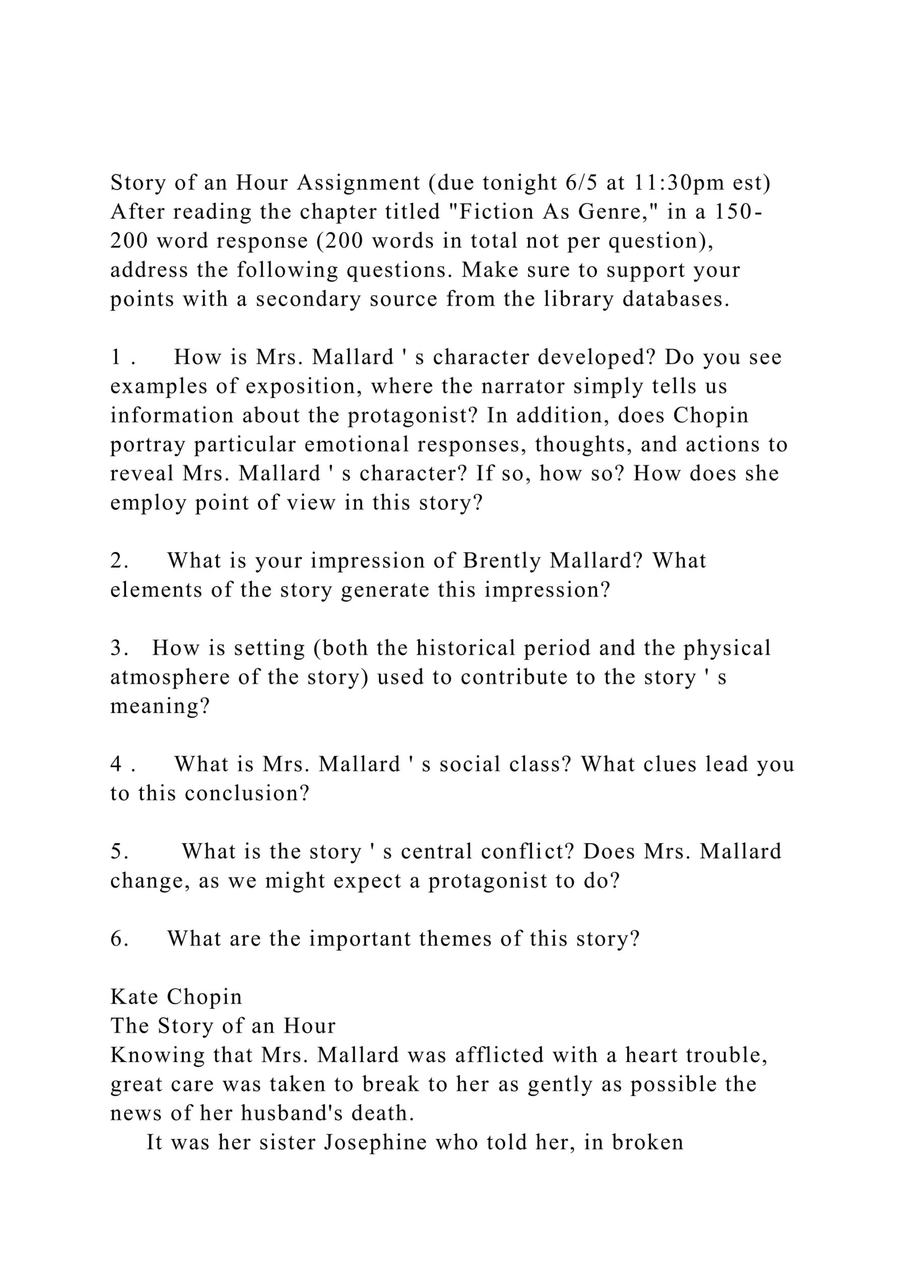 Story Of An Hour Assignment due Tonight 65 At 1130pm Est Afte docx