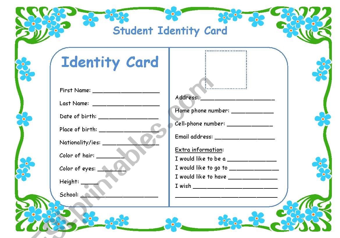 Student Identity Card ESL Worksheet By Sharon F