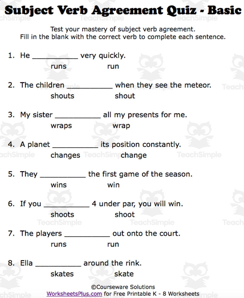 Subject Verb Agreement Worksheets For 3rd U0026 4th Grades Basic Level