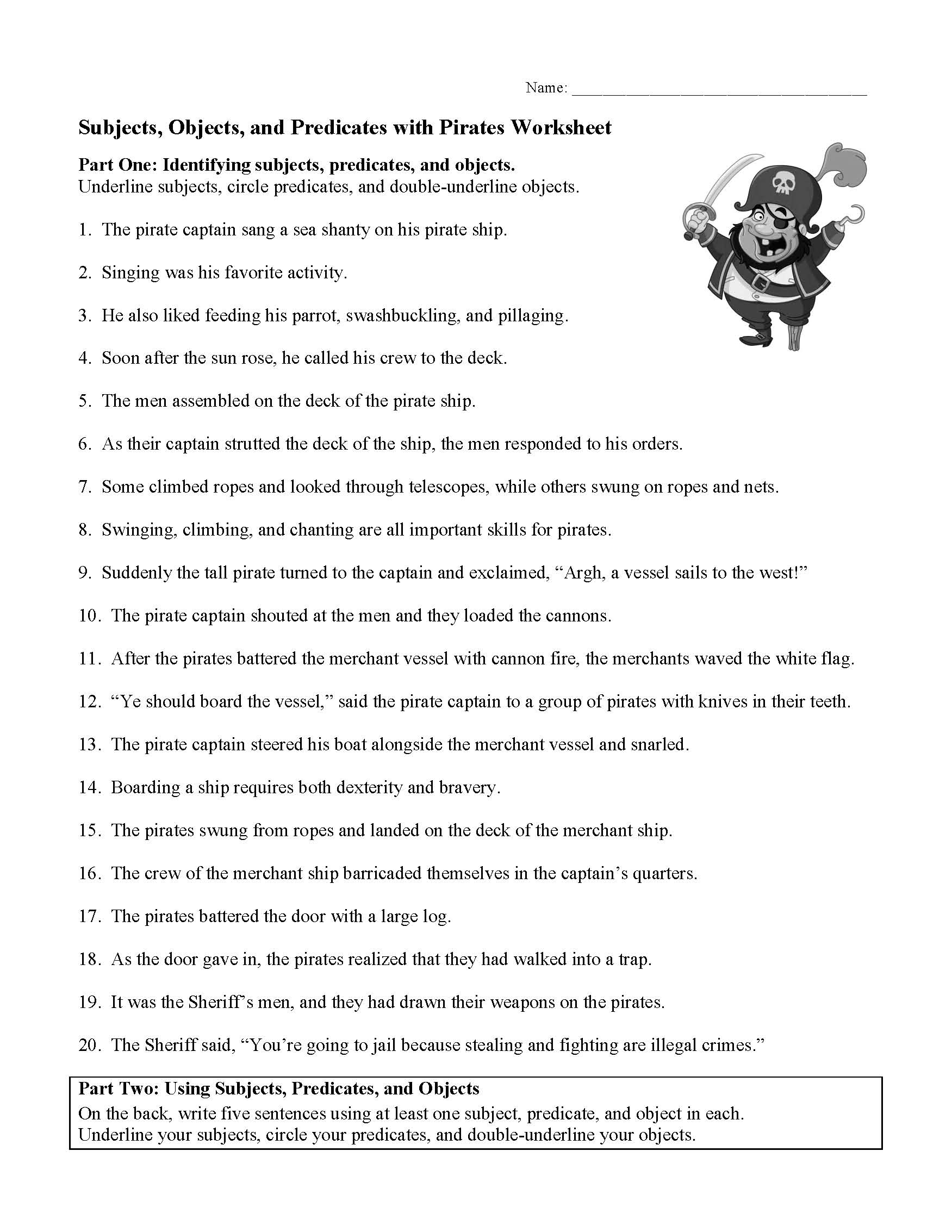 Subjects Objects And Predicates With Pirates Worksheet 