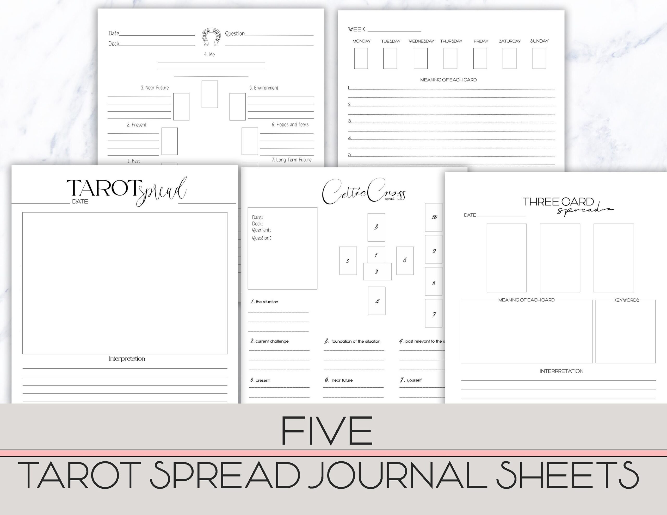 Tarot Spread Template Printable Five Sheets Celtic Cross Horseshoe Three Card Spread One Card Daily Your Spread Instant Download Etsy