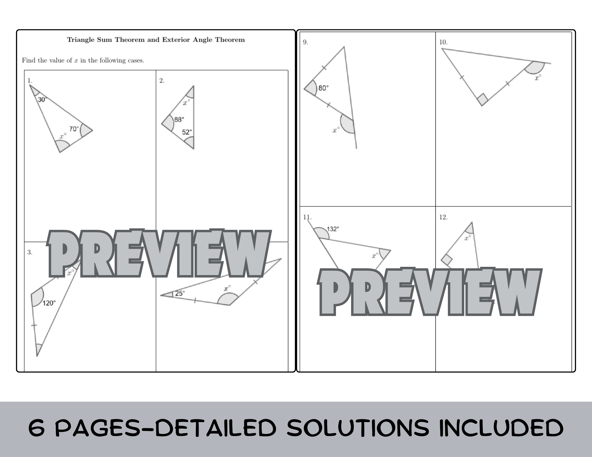 Triangle Sum Theorem And Exterior Angle Theorem Worksheet with Solutions Teaching Resources
