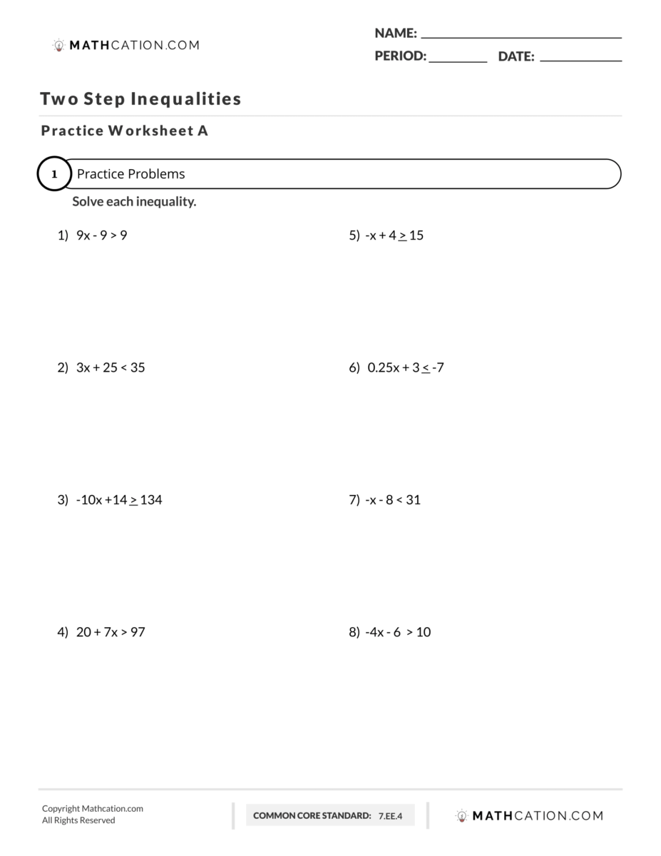 Two Step Inequalities Worksheet Examples And Practice Worksheets Library