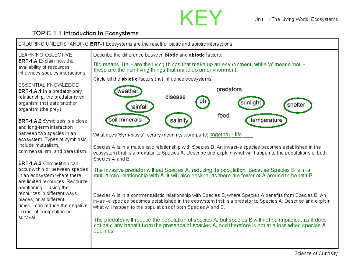 Unit 1 Ecosystem Interactions Study Guide Answer Key Studocu
