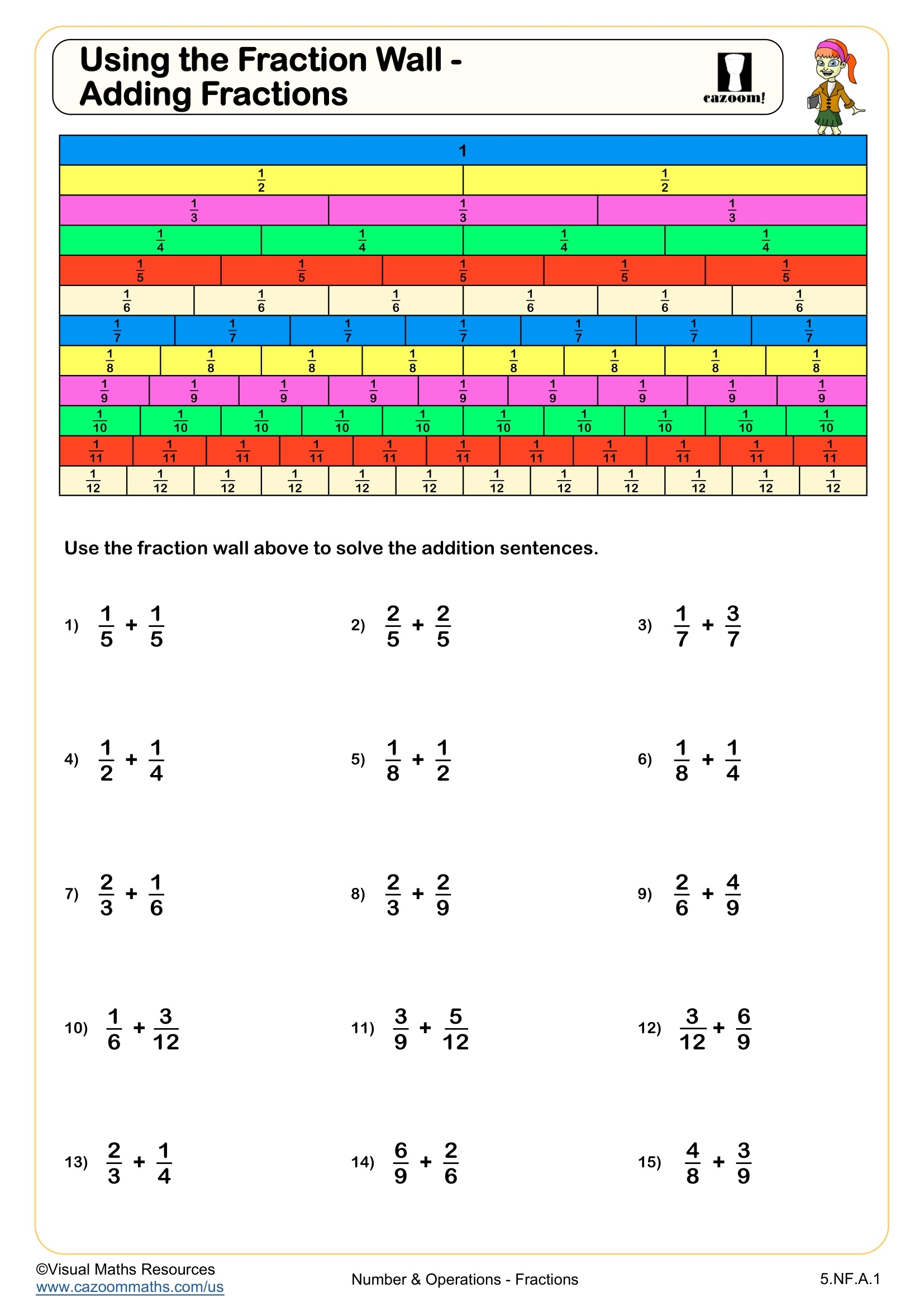 Using A Fraction Wall Adding Fractions Worksheet Fun And Engaging 5th Grade Number U0026 Operations Worksheet Cazoom Math