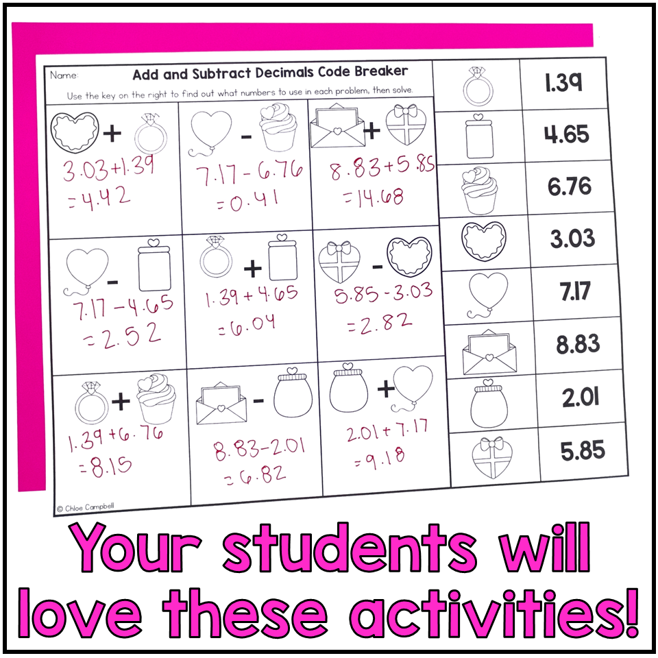 Valentine s Day Adding U0026 Subtracting Decimals 5th Grade Math Worksheets