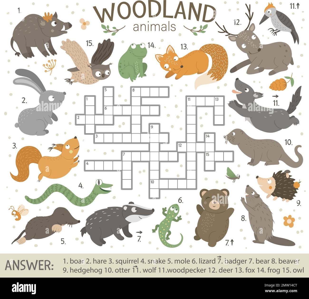 Vector Crossword Puzzle With Forest Animals Bright And Colorful Quiz For Children Educational Activity With Fox Wolf Bear Squirrel Hare Deer Stock Vector Image U0026 Art Alamy