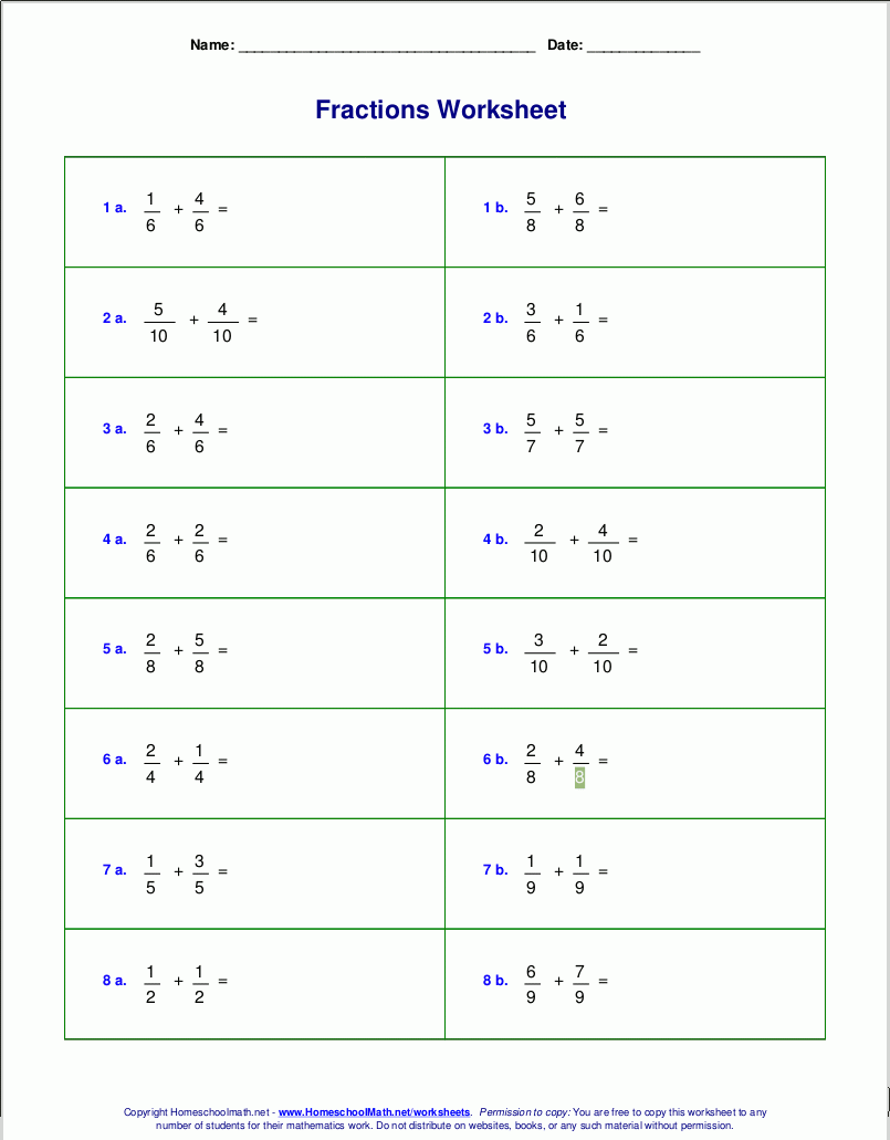 Worksheets For Fraction Addition