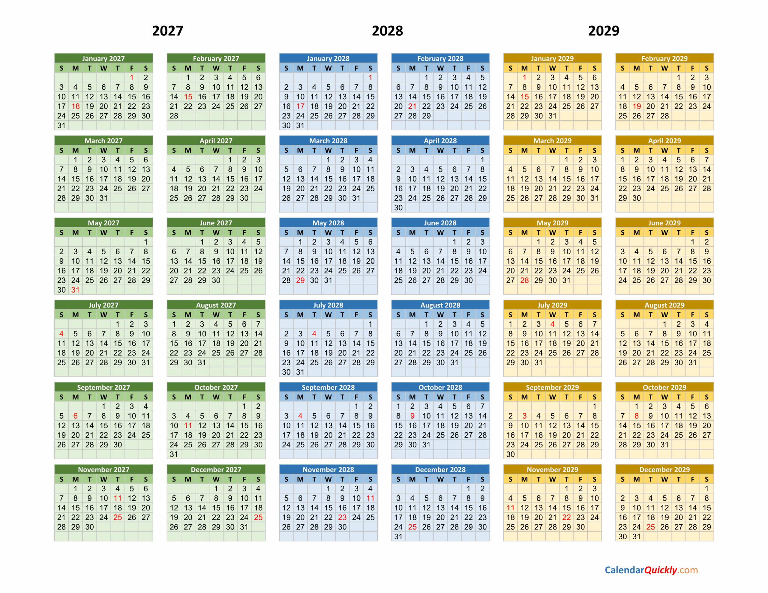 2027 2028 2029 Calendar