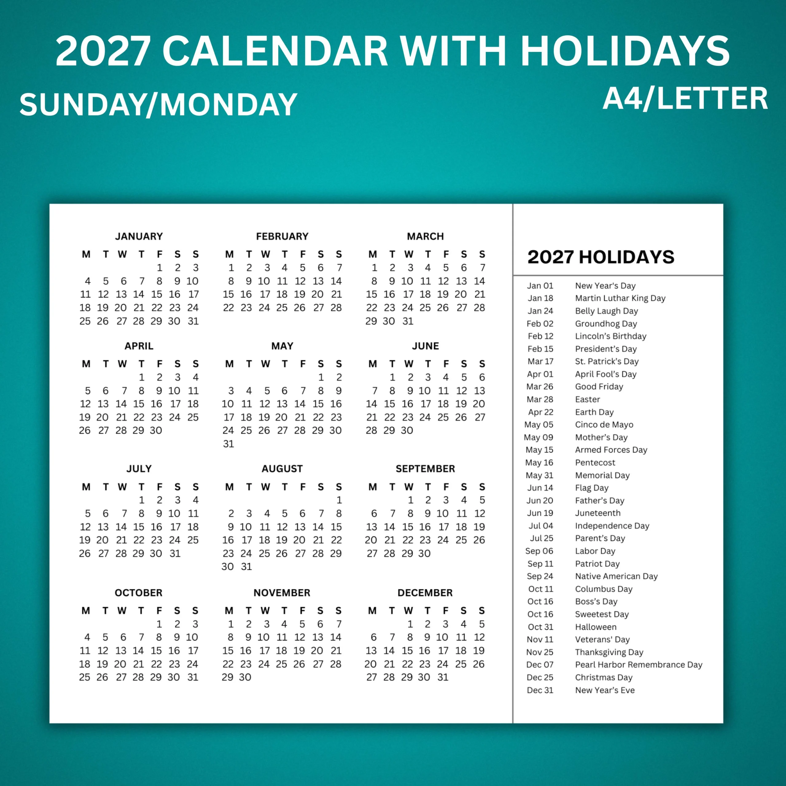 2027 Calendar With Holidays Printable