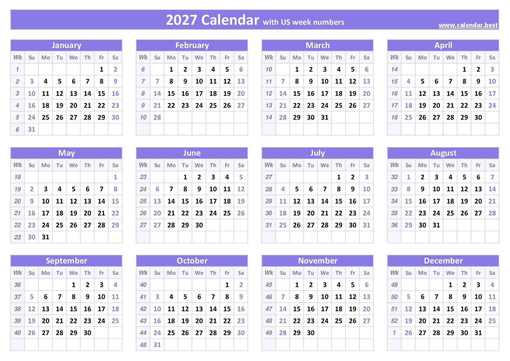 2027 Calendar With Week Numbers