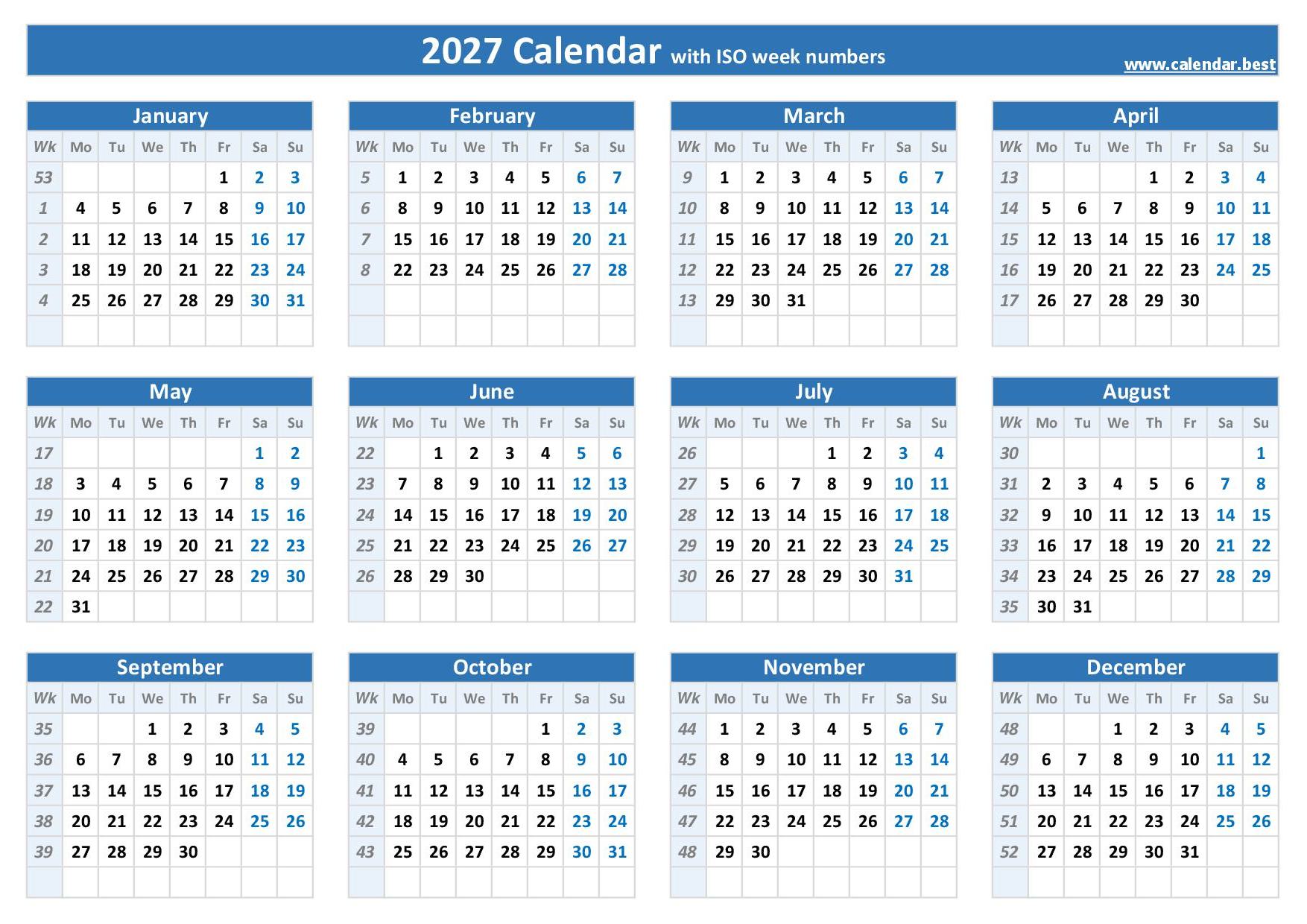 2027 Calendar With Week Numbers