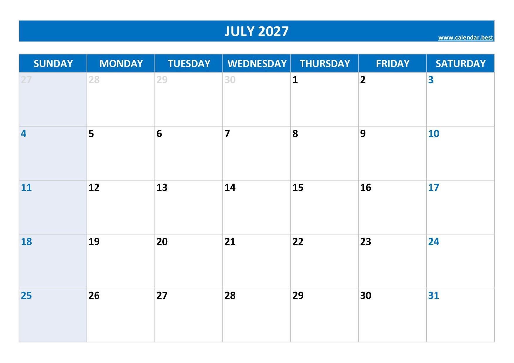 2027 Monthly Calendar