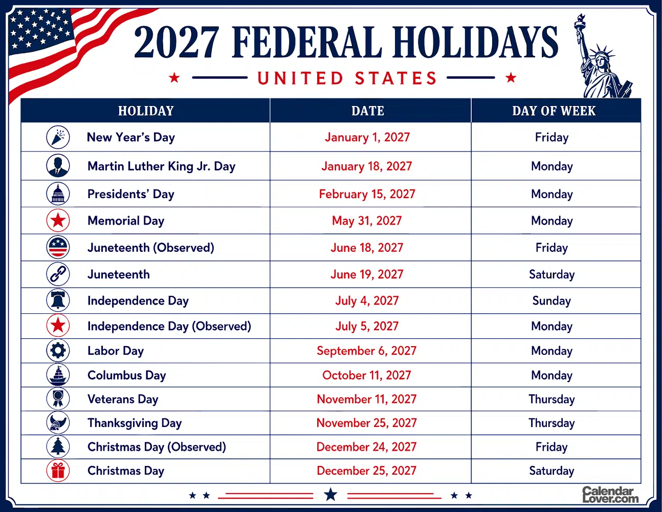 2027 Us Holidays