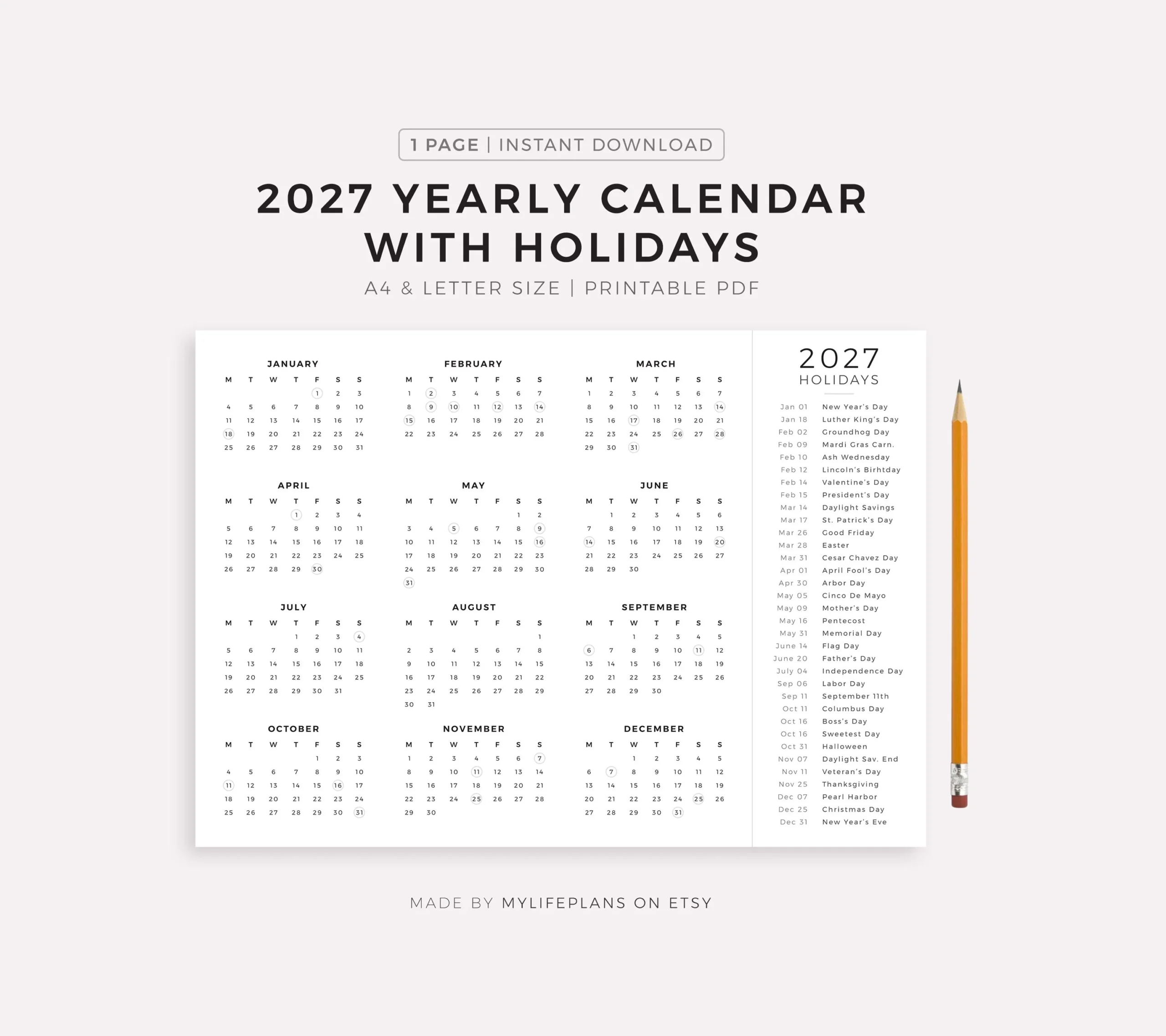 2027 Year Calendar With Holidays On One