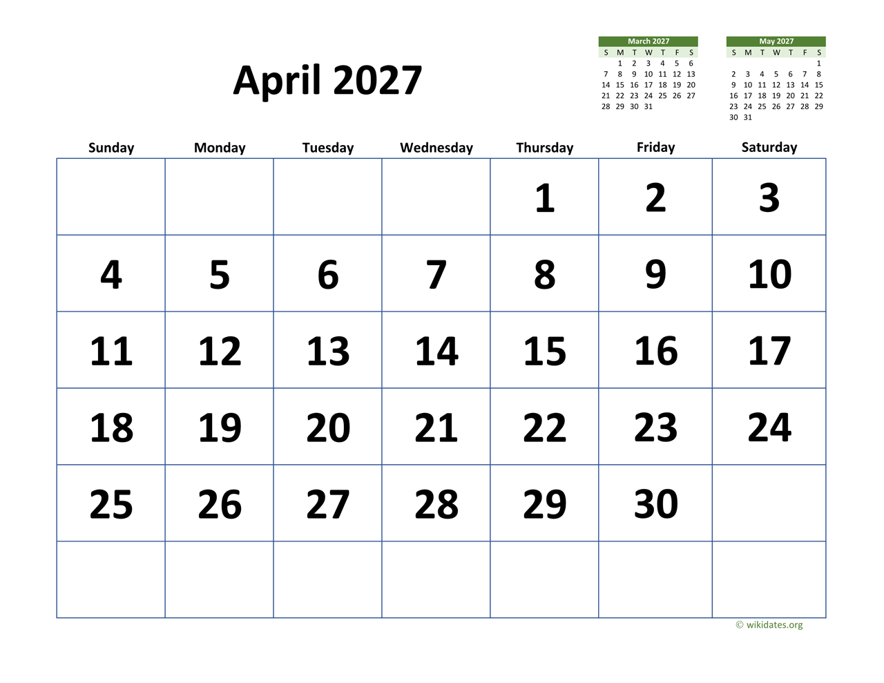 April 2027 Calendar Large Dates April 2027 Calendar Large Dates