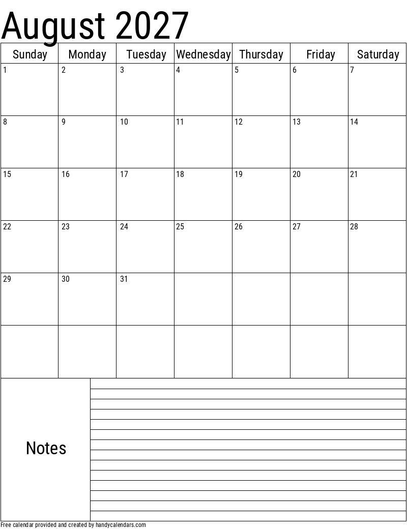August 2027 Calendars August 2027 Calendars