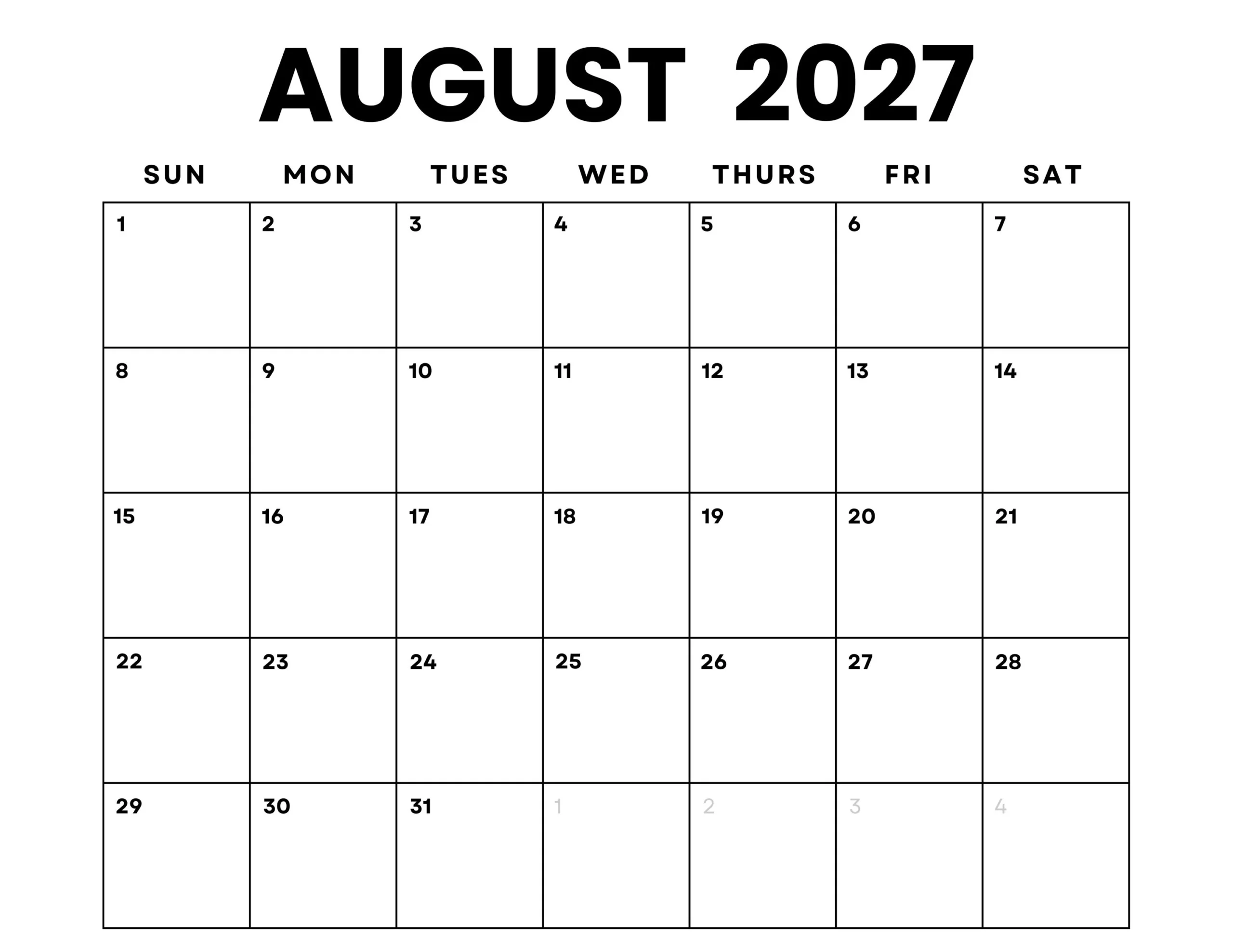 August 2027 Monthly Calendar Printable