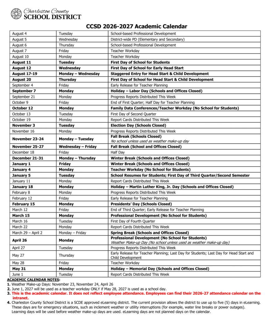 Charleston County School District Calendar 2026 2027