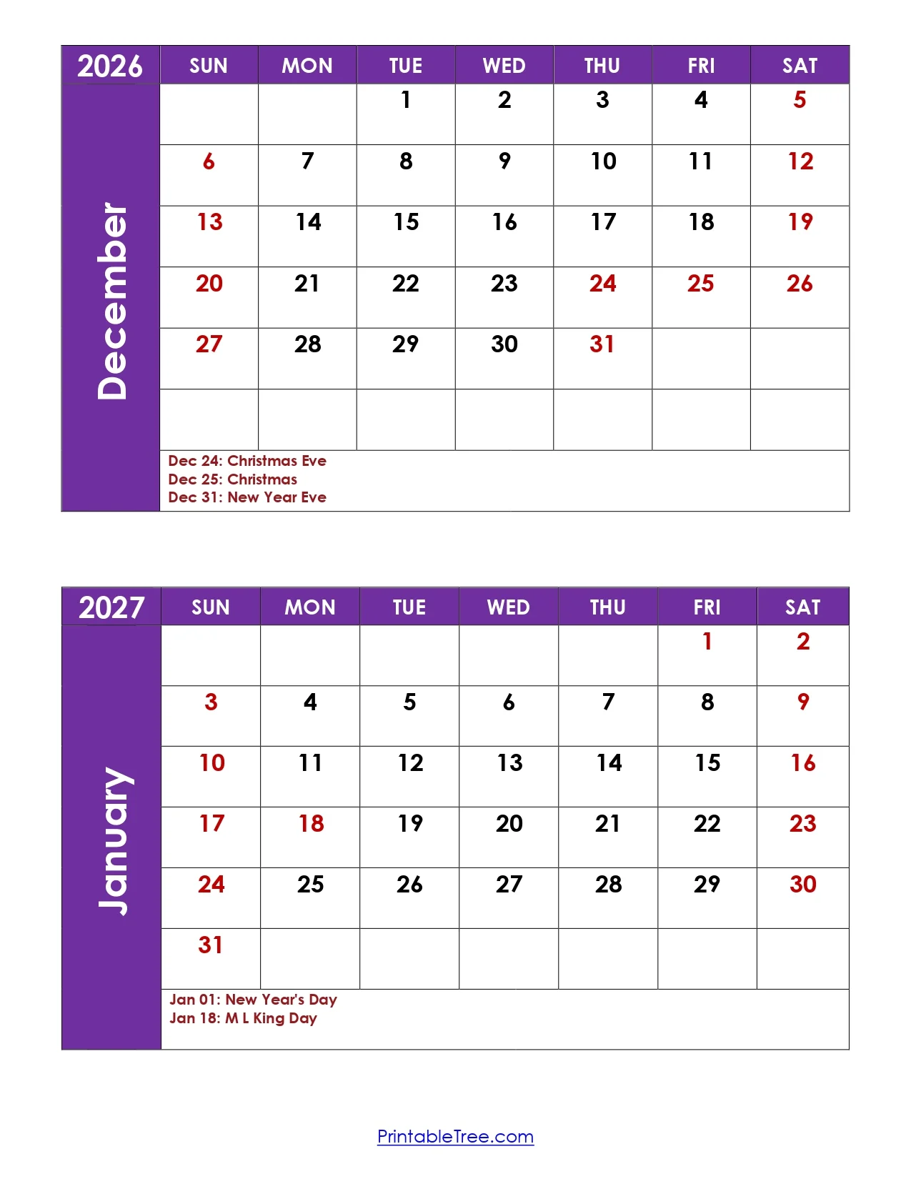 December 2026 And January 2027 Calendar Printable
