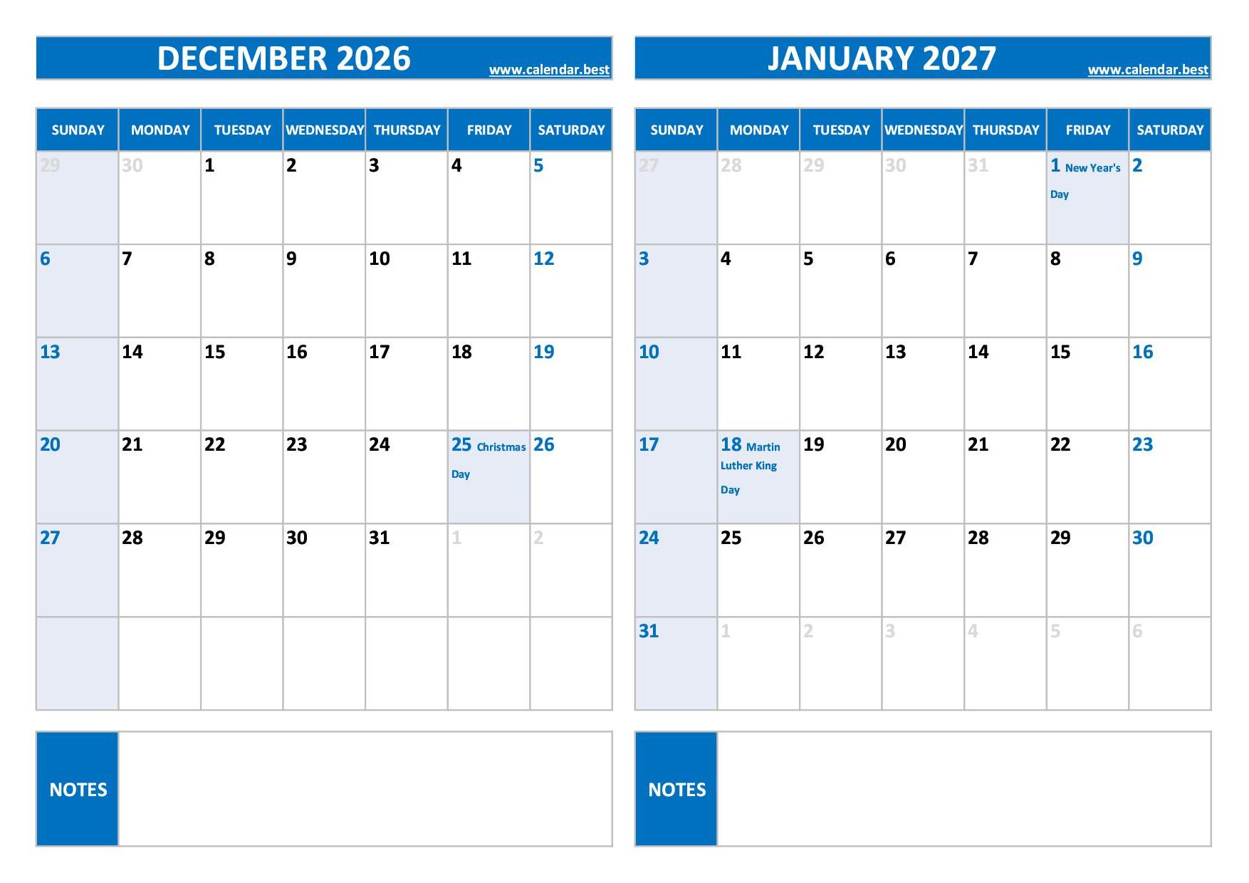 December 2026 January 2027 Calendar