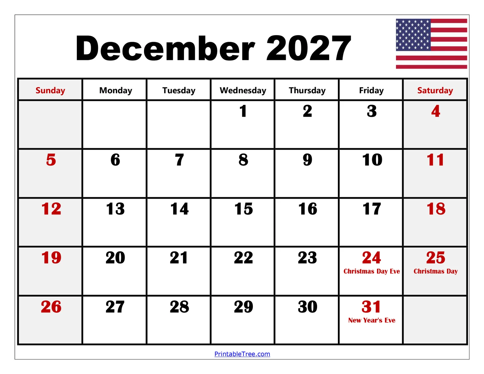 December 2027 Calendar Printable December 2027 Calendar Printable