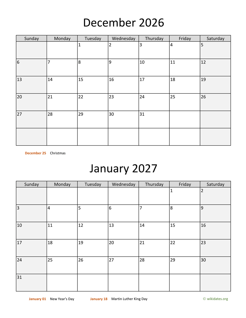 December And January 2026 Calendar