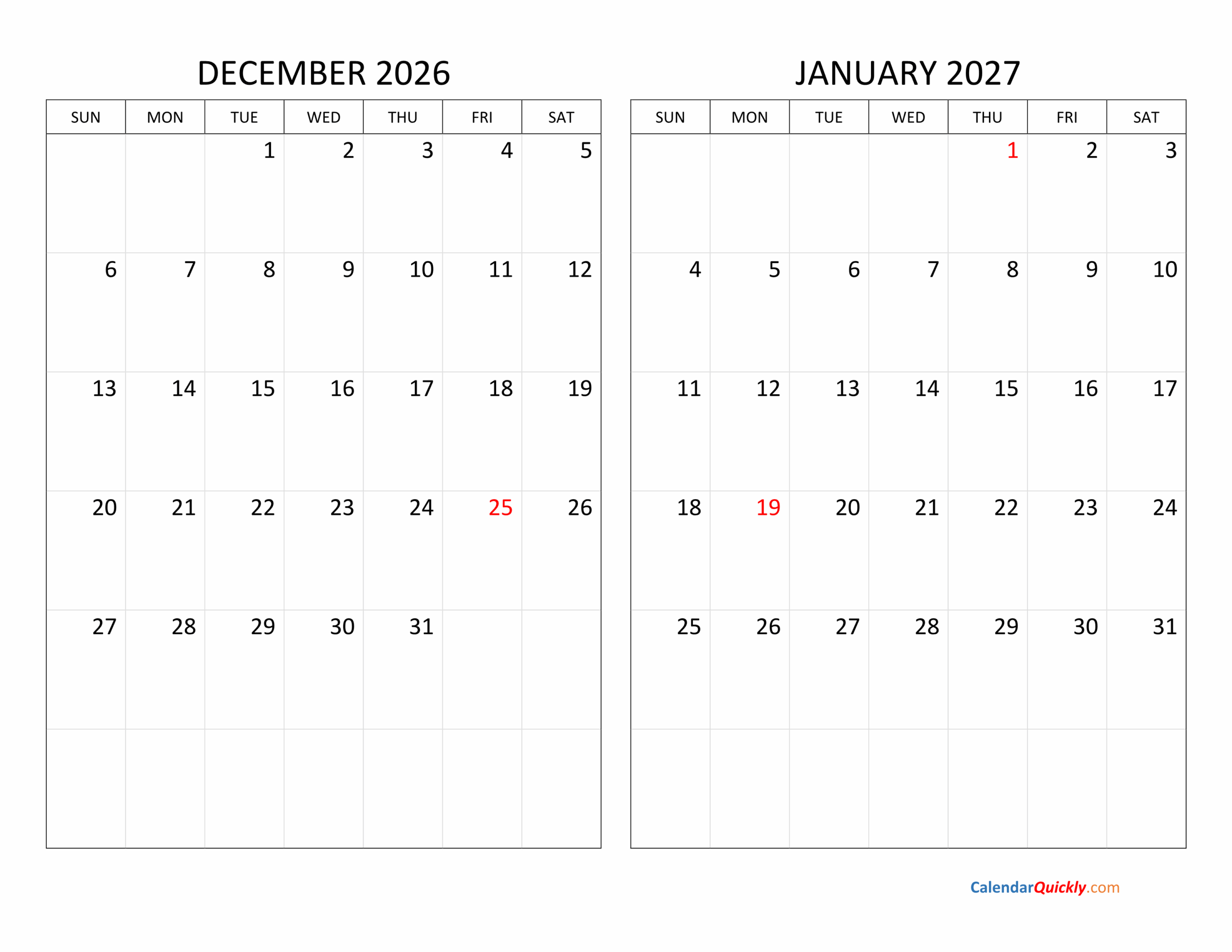 December January 2026 Calendar