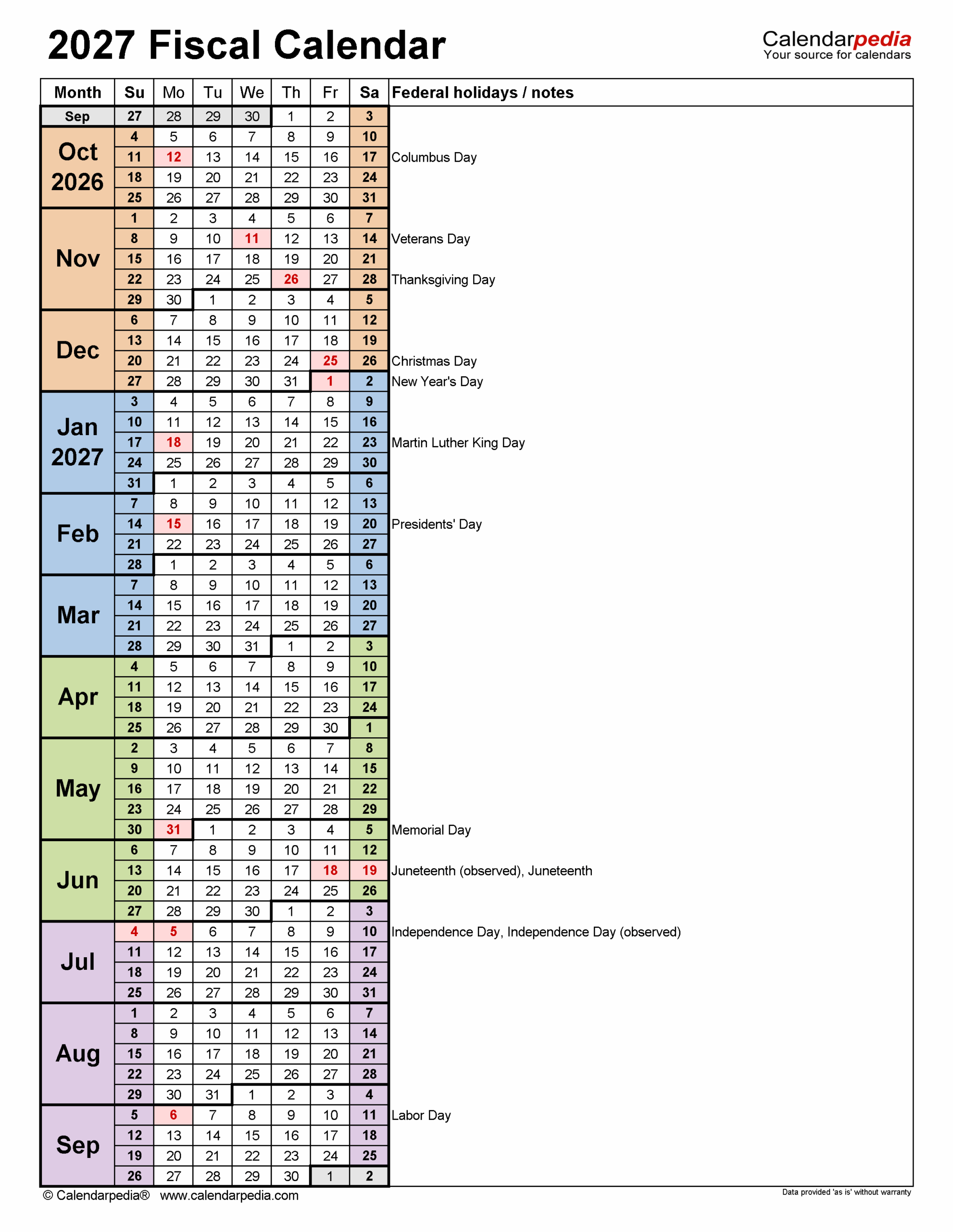 Fiscal Calendar 2027 Pdf Templates