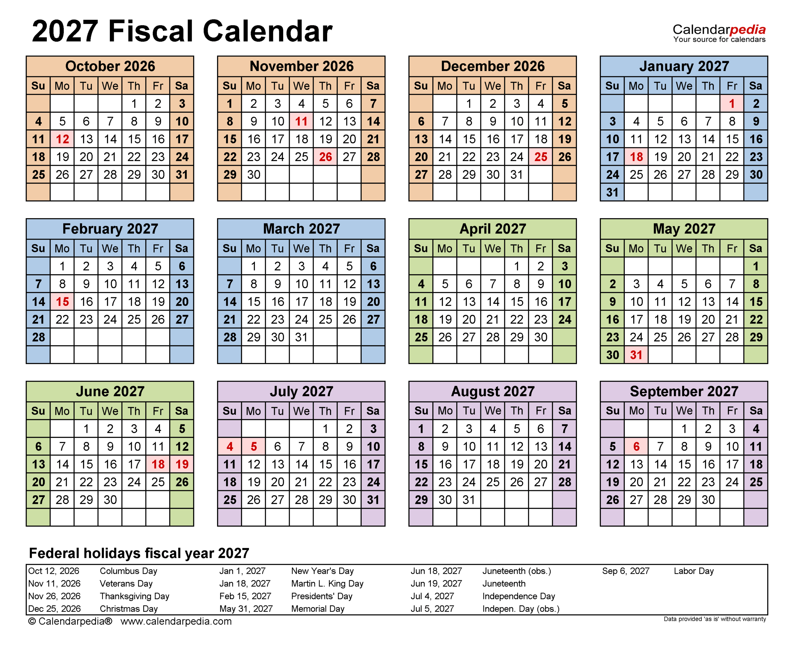 Fiscal Calendar 2027 Pdf Templates
